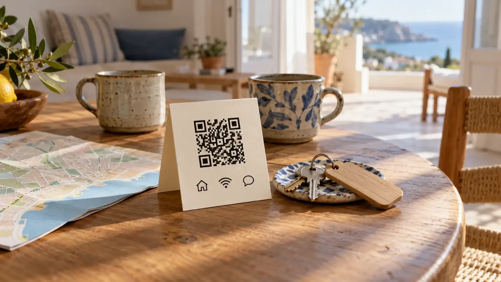 Mesa de un apartamento junto al mar con una tarjeta de bienvenida con código QR, llaves y un mapa de la zona