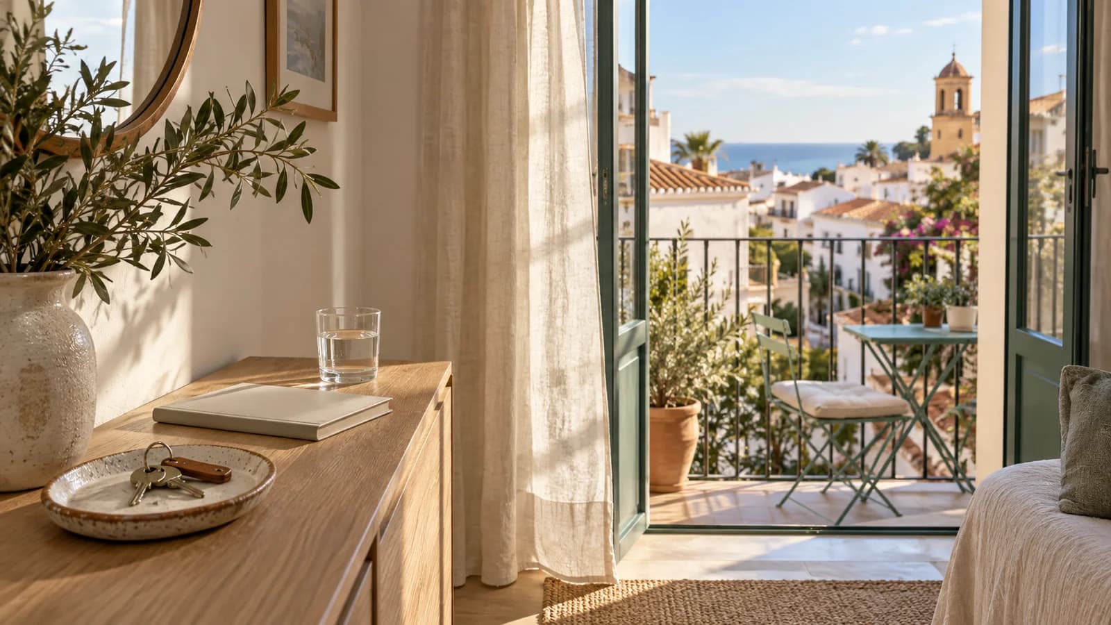 Apartamento mediterráneo preparado para una llegada, con llaves y guía junto a un balcón abierto al barrio