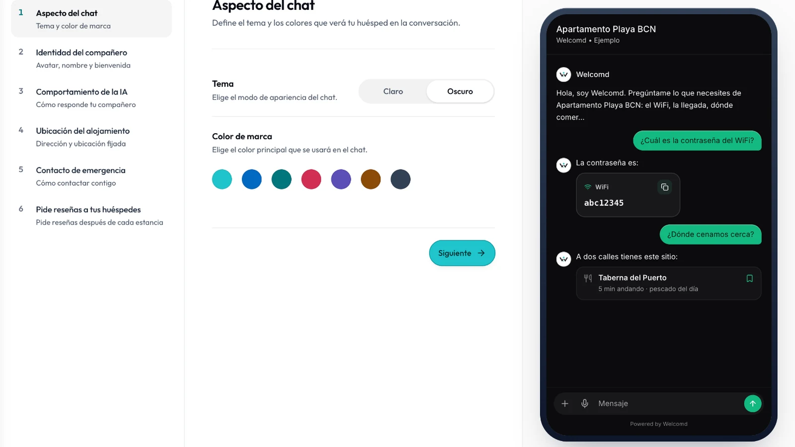 Editor de Personalizar de Welcomd: tema y color de marca a la izquierda y vista previa del chat del huésped a la derecha