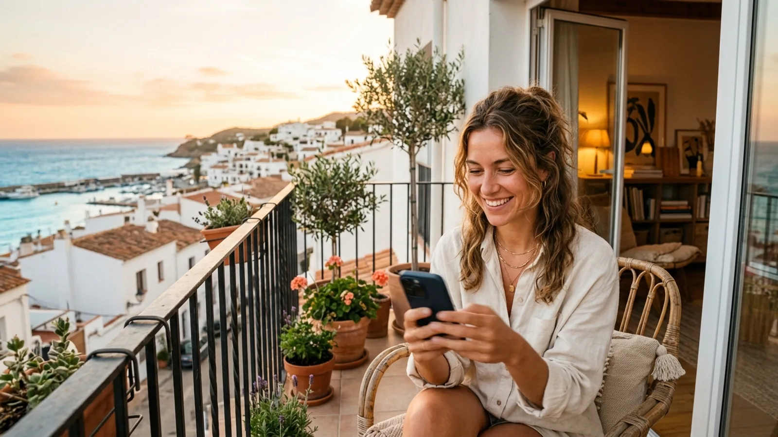 Huésped sonriendo con el móvil en la terraza de un apartamento frente al mar